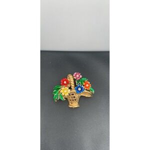 Vintage St. Labre Enameled & Gold Tone Basket Of Flowers w/Faux Pearls Brooch